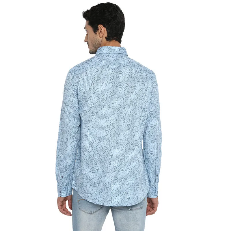 Cotton Light Blue Printed Slim Fit Casual Shirt