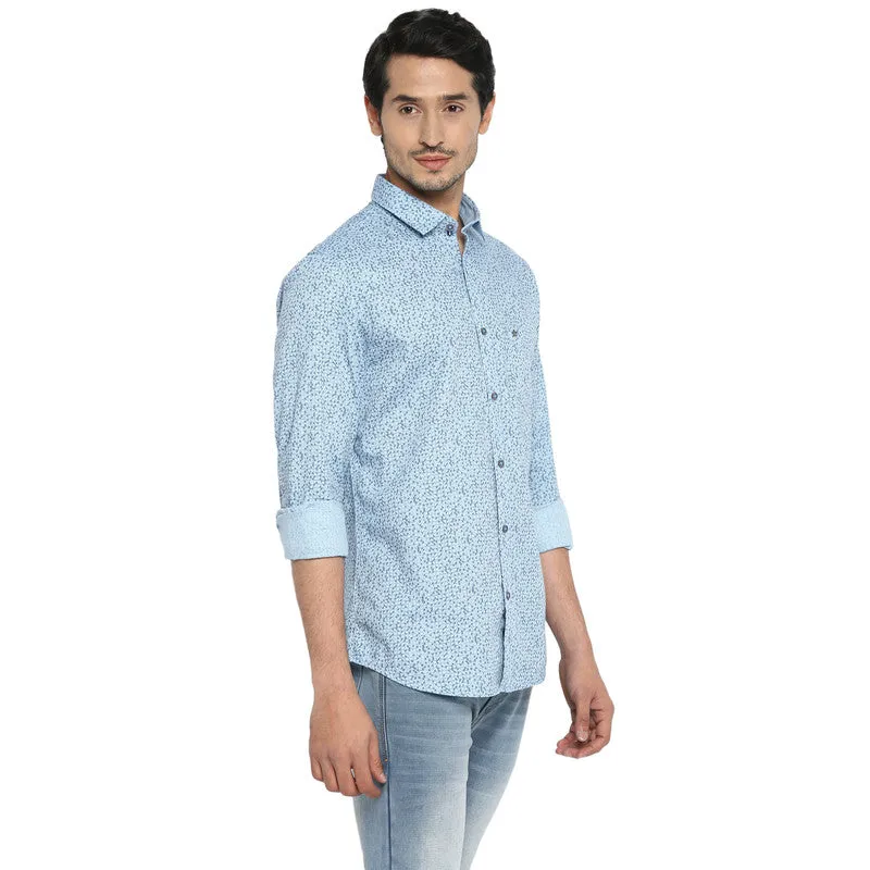 Cotton Light Blue Printed Slim Fit Casual Shirt