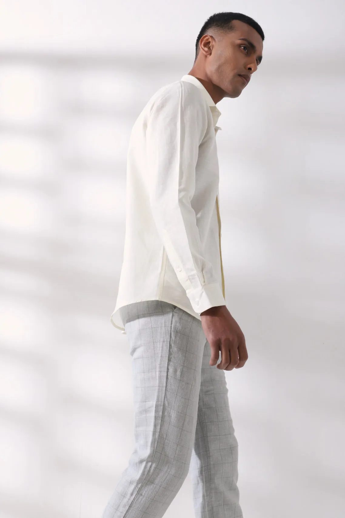 Cotton Linen Cream Plain Full Sleeve Formal Shirt