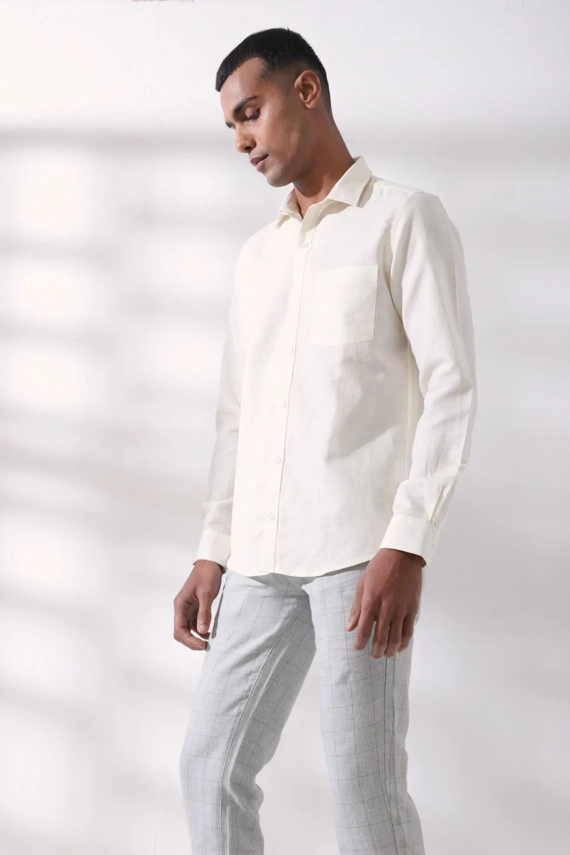 Cotton Linen Cream Plain Full Sleeve Formal Shirt