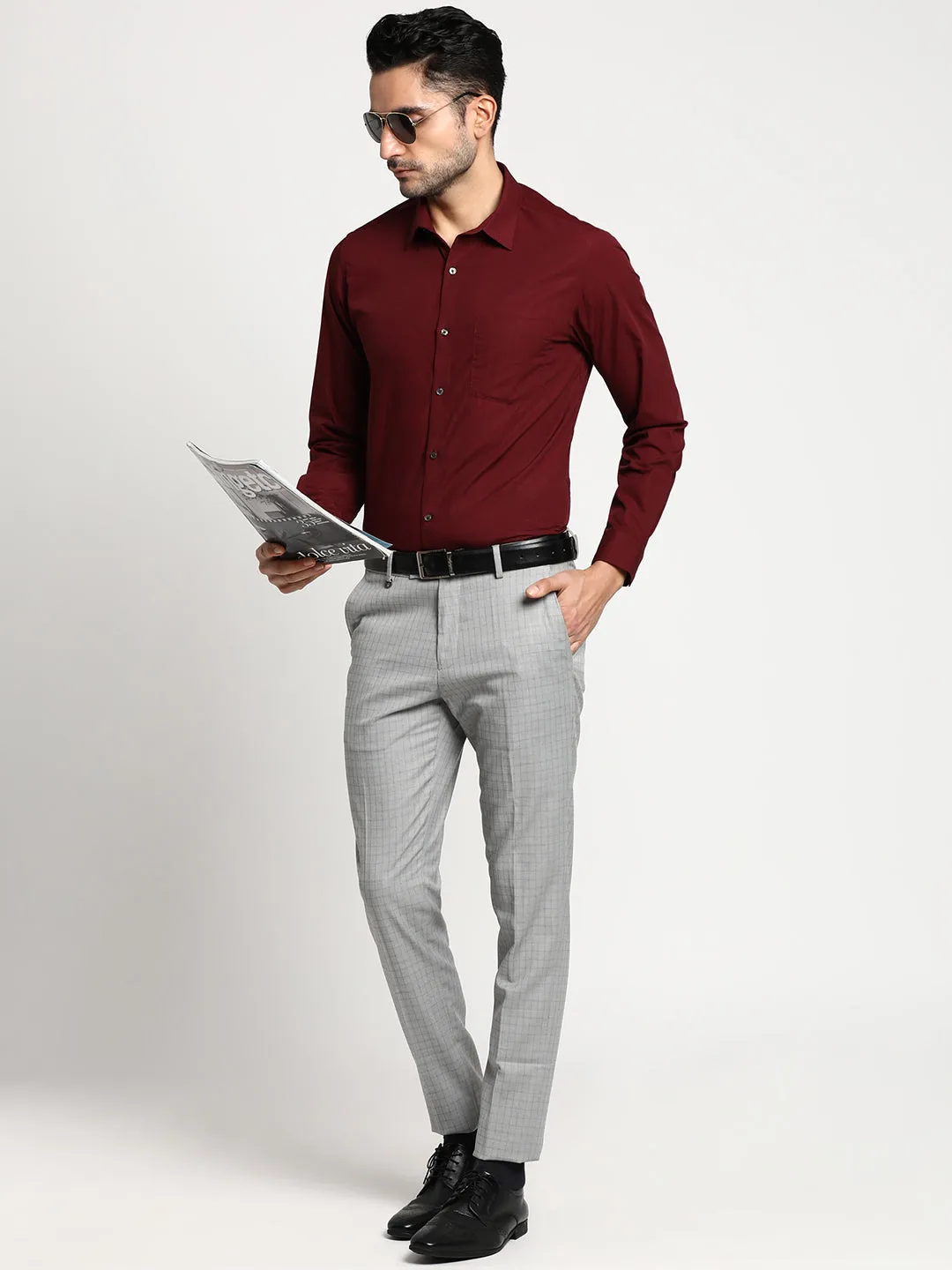 Cotton Maroon Slim Fit Solid Formal Shirt