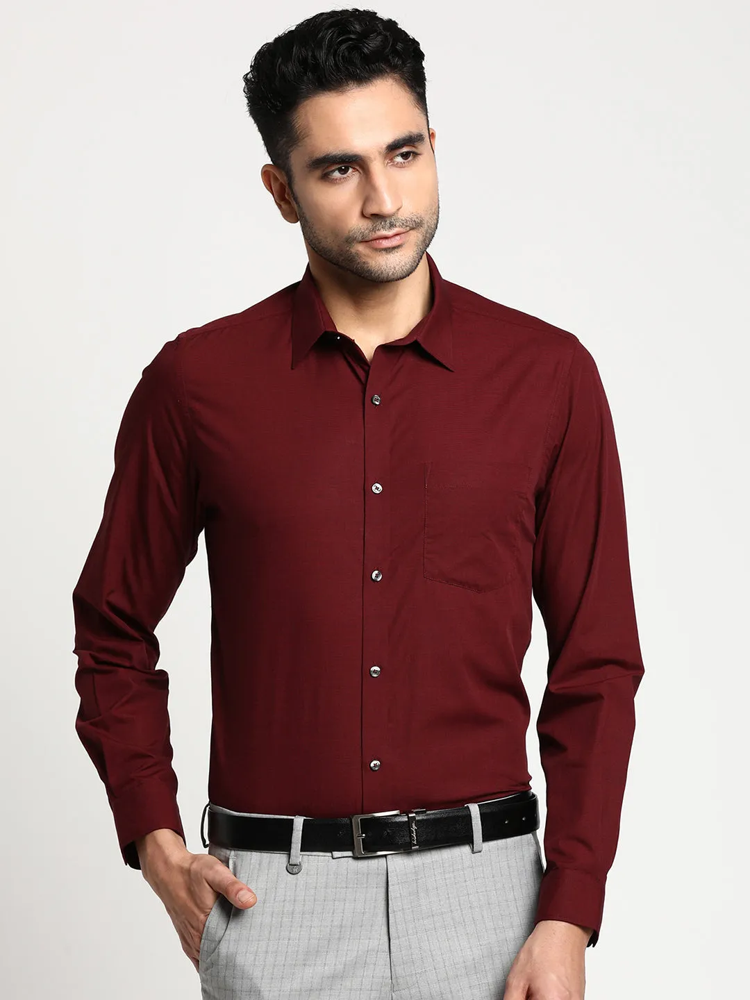 Cotton Maroon Slim Fit Solid Formal Shirt