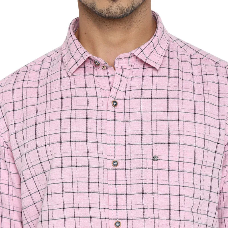 Cotton Melange Pink Slim Fit Checkered Casual Shirt