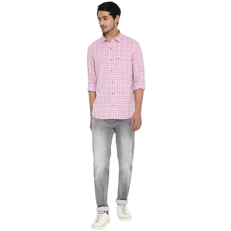 Cotton Melange Pink Slim Fit Checkered Casual Shirt