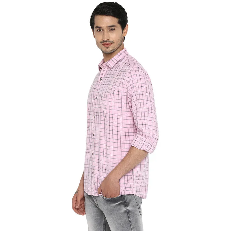 Cotton Melange Pink Slim Fit Checkered Casual Shirt