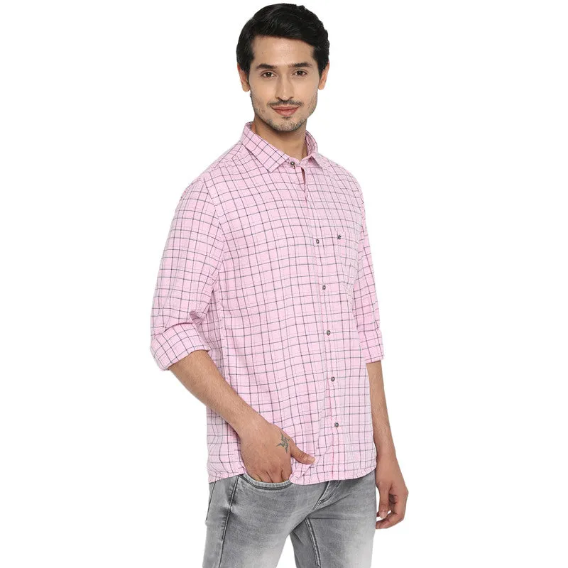 Cotton Melange Pink Slim Fit Checkered Casual Shirt