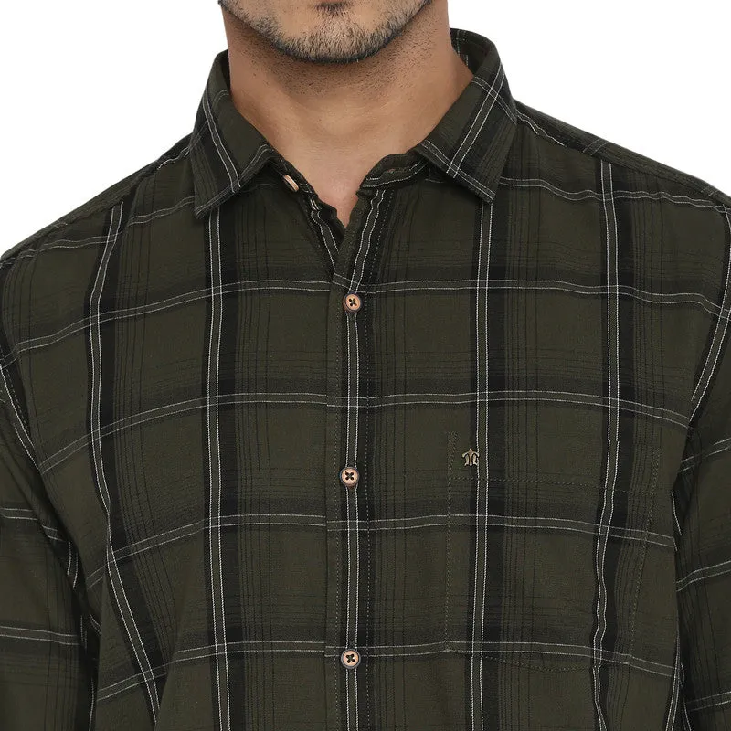 Cotton Olive Checkered Slim Fit Casual Shirt