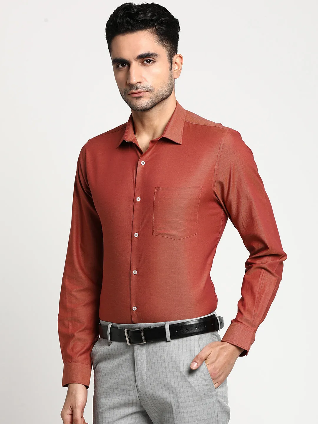 Cotton Red Slim Fit Self Design Formal Shirts