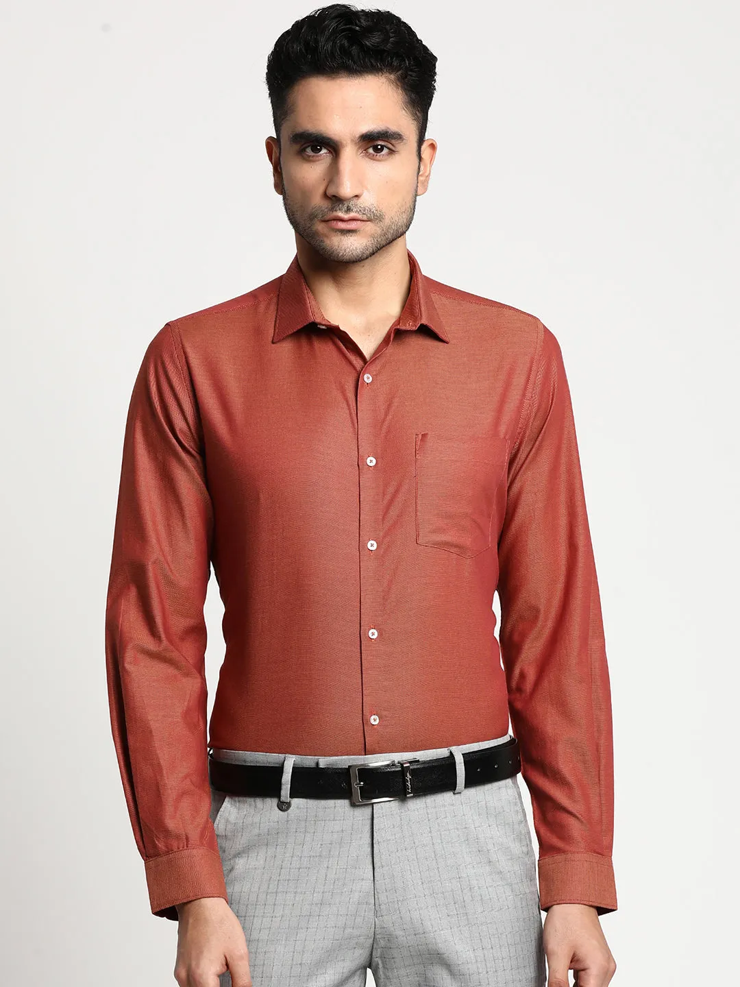 Cotton Red Slim Fit Self Design Formal Shirts