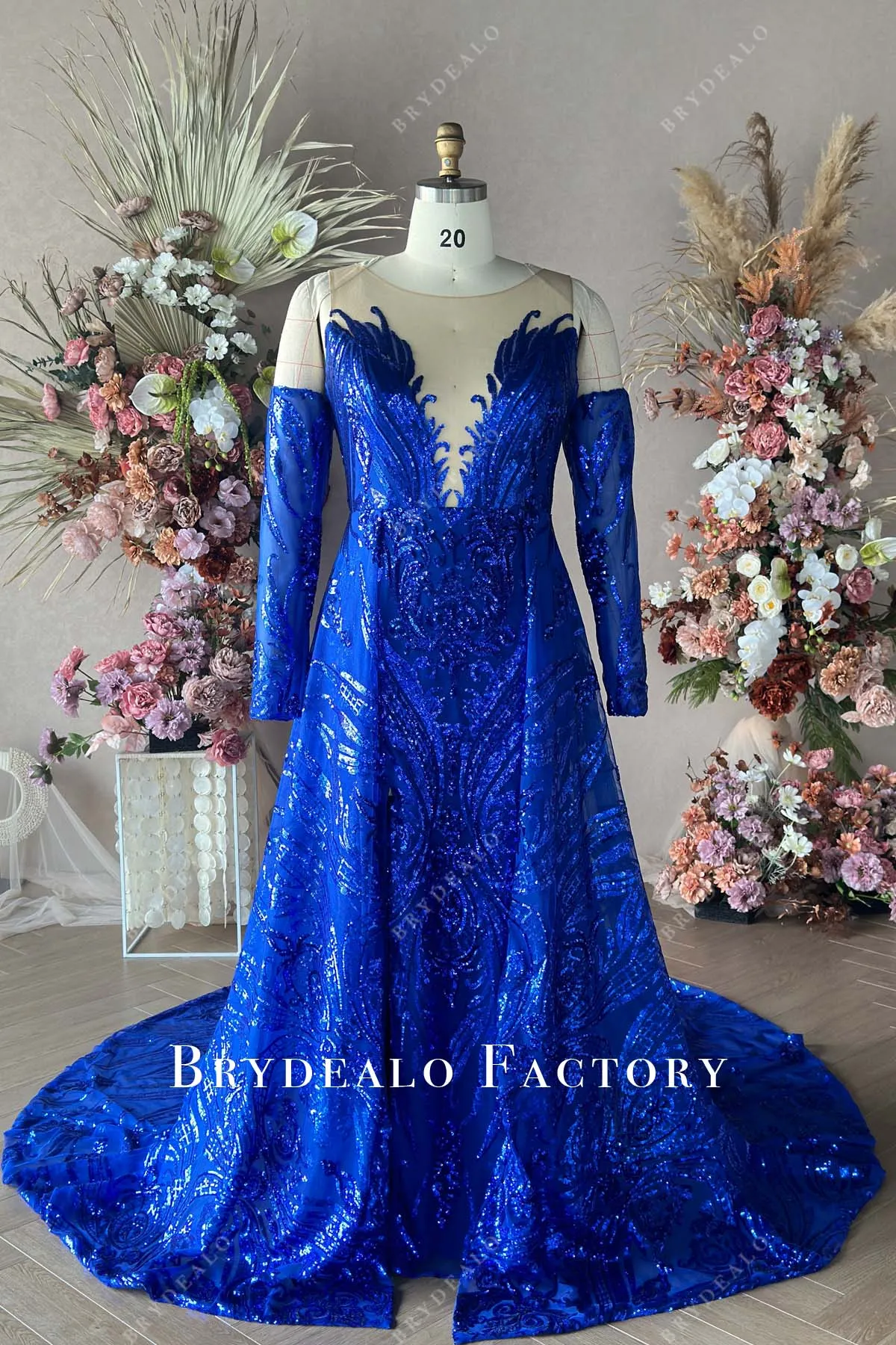 Custom Blue Sequin Plus Size Off Shoulder Plunging Panel Train Formal Dress