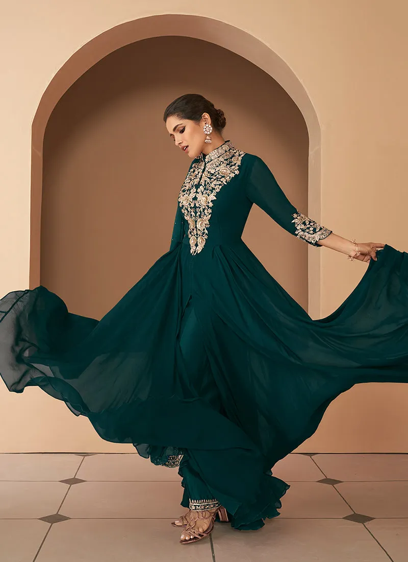 Dark Green Embroidery Slit Style Anarkali Pant Suit