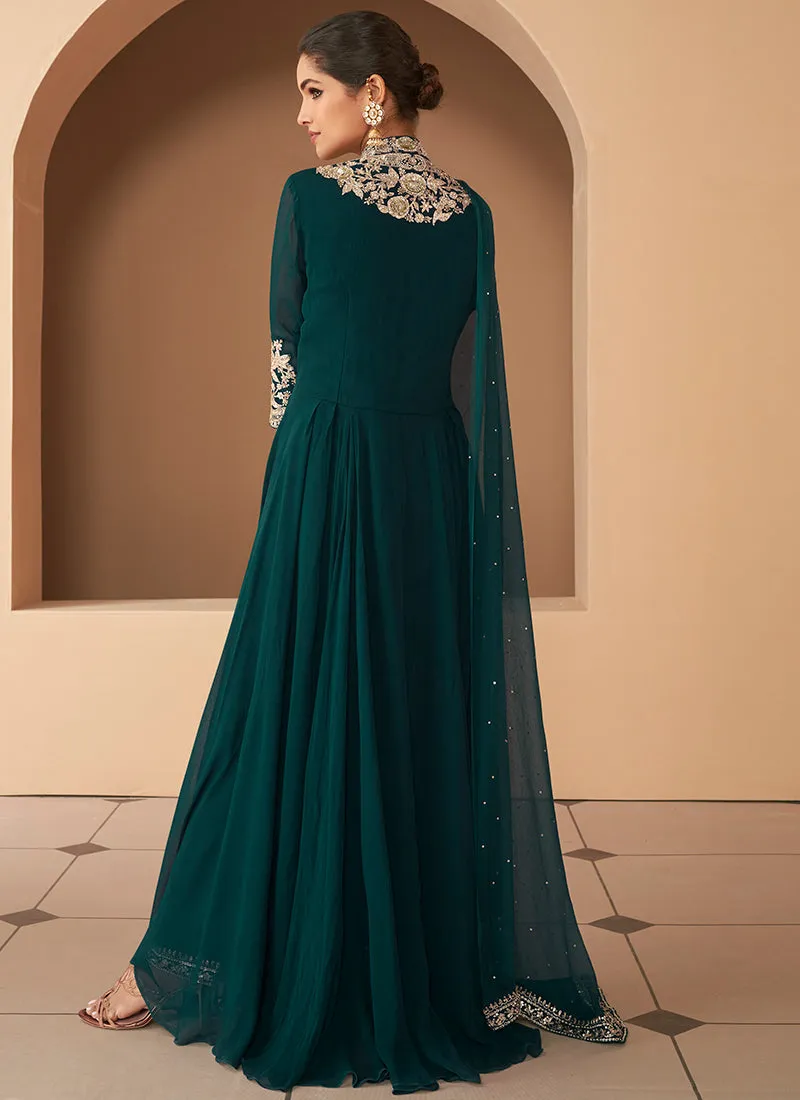 Dark Green Embroidery Slit Style Anarkali Pant Suit