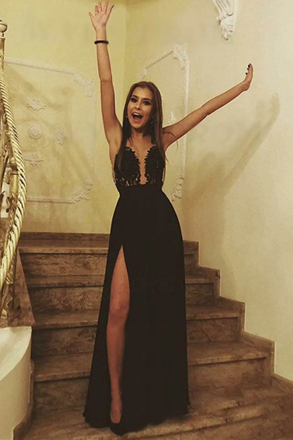 Deep V Neck Black Lace Long Prom Dress with Slit, Black Lace Formal Dress, Black Evening Dress