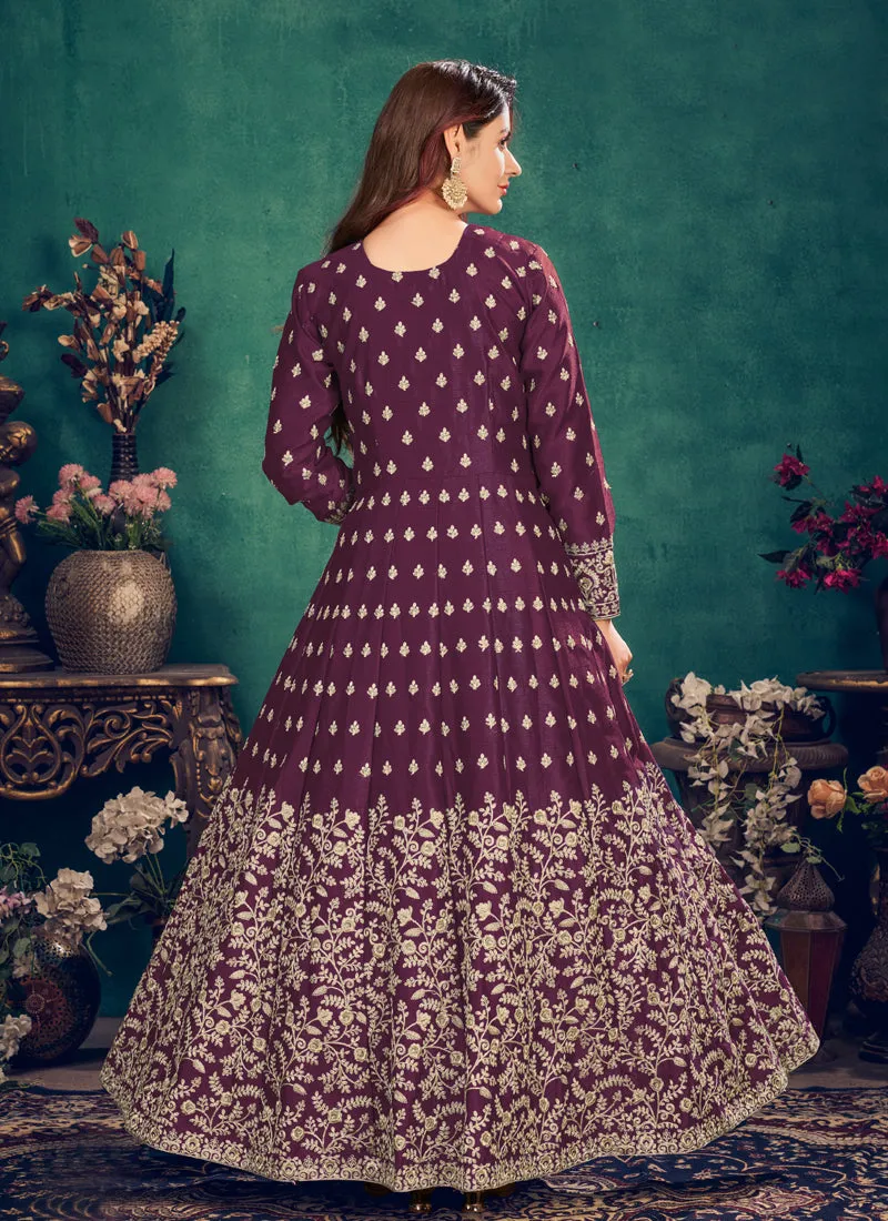 Deep Wine Zari Embroidered Slit Style Anarkali Pant Suit