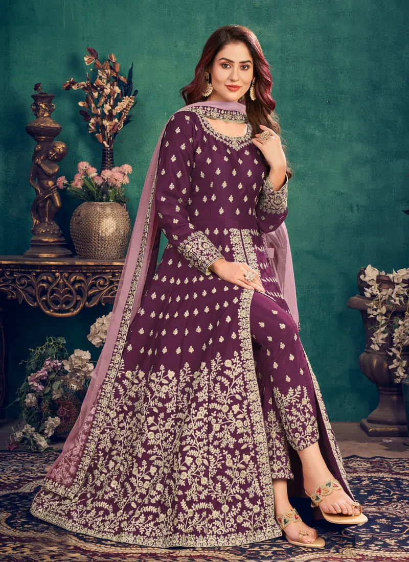 Deep Wine Zari Embroidered Slit Style Anarkali Pant Suit