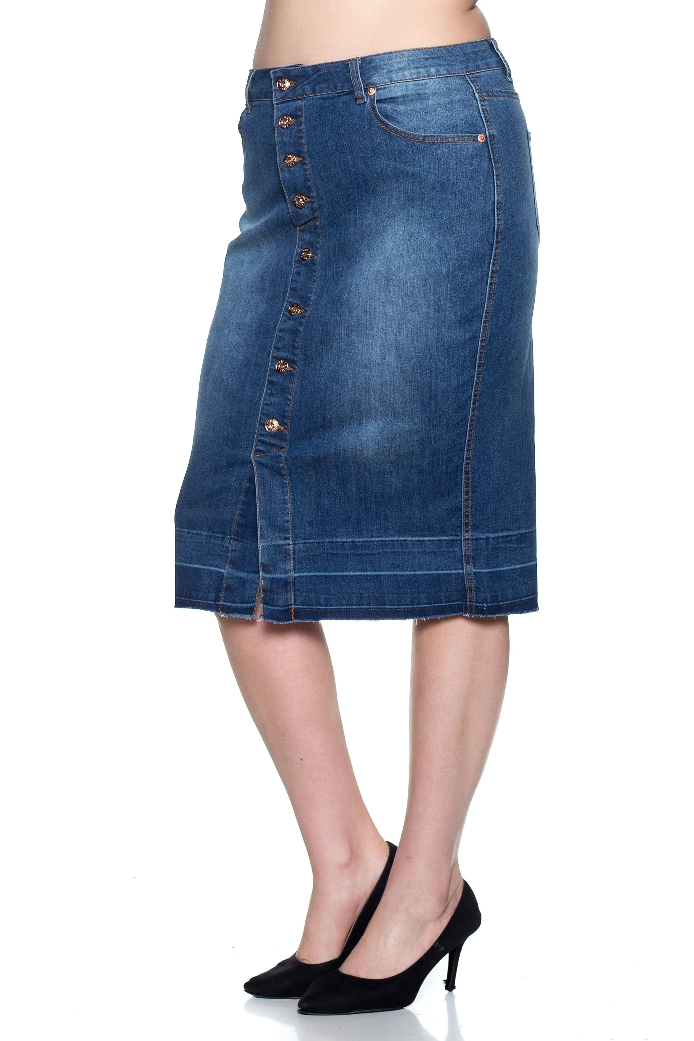 Denim Button Down Raw Hem Midi Pencil Skirt (PLUS)