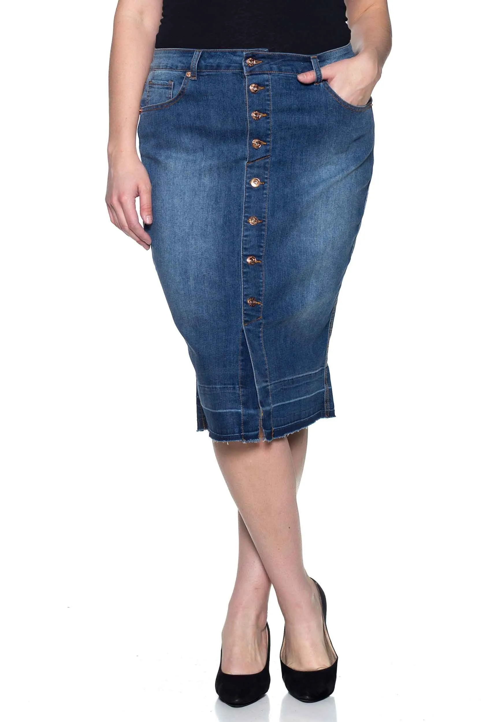 Denim Button Down Raw Hem Midi Pencil Skirt (PLUS)