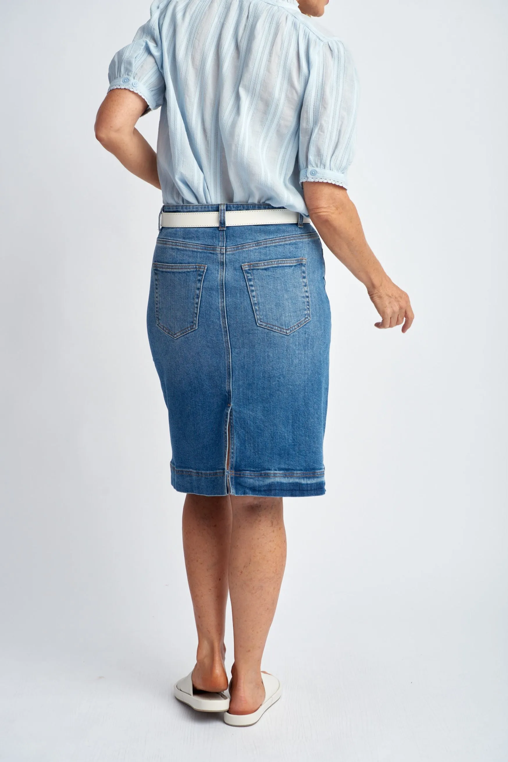 Denim Knee Length Skirt Light Blue