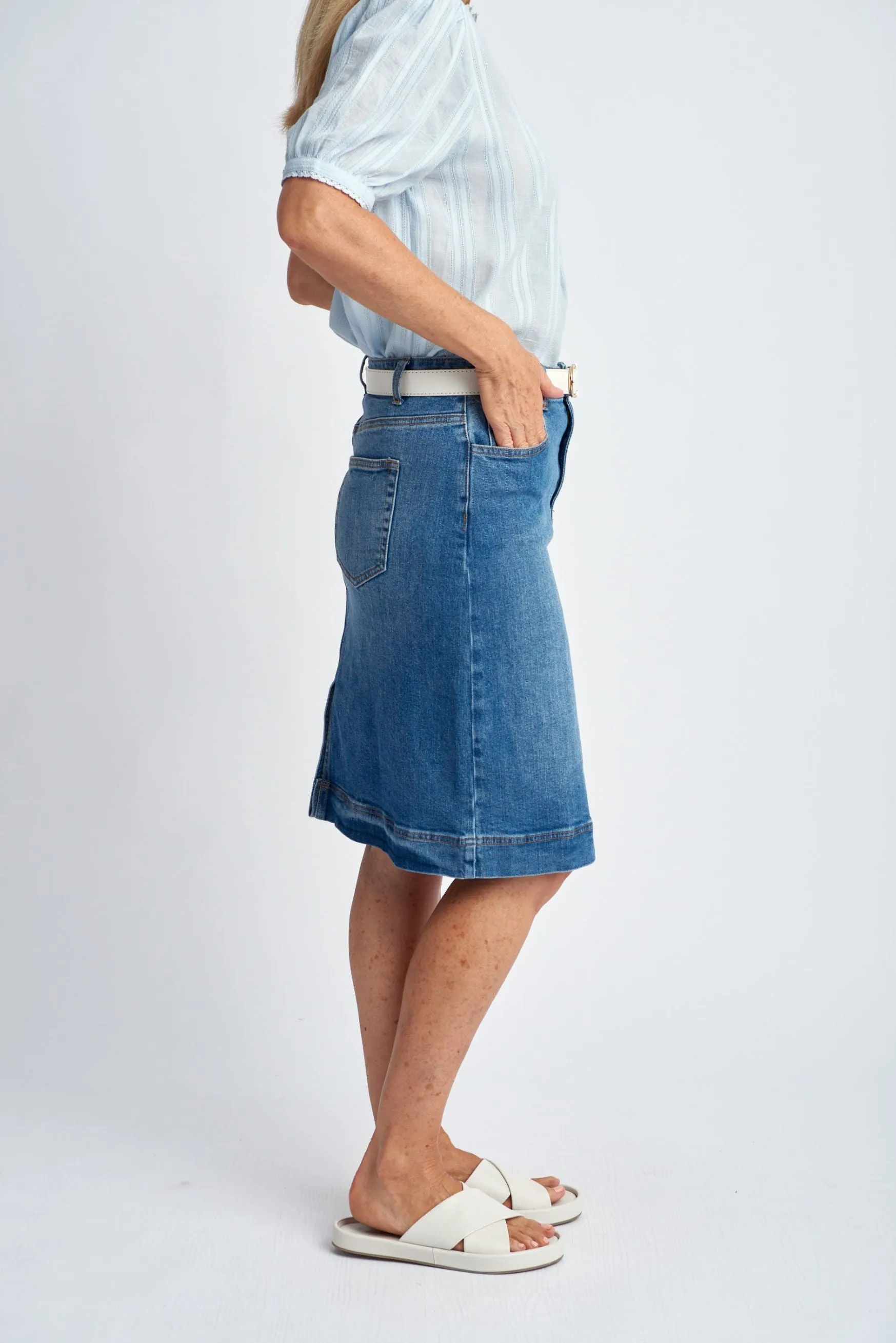 Denim Knee Length Skirt Light Blue