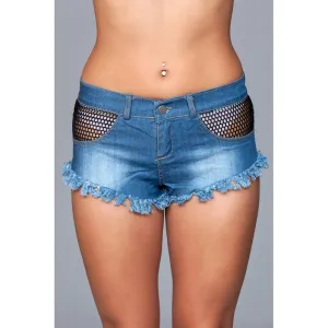 Denim Shorts with Fishnet Top Trimming Fringe Bottom Black Small Packaging Hanging