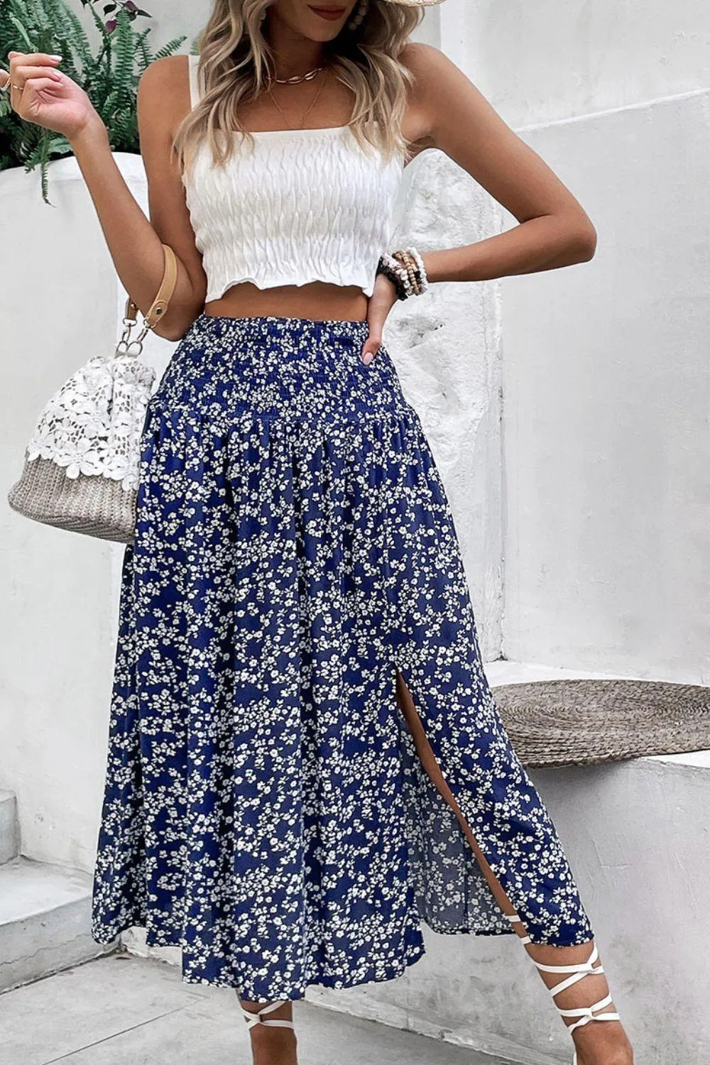 Ditsy Floral Slit High Waist Skirt