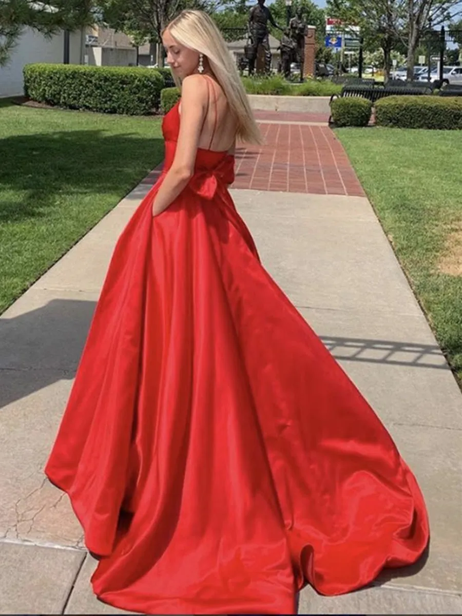 Elegant A Line V Neck Red Long Prom, V Neck Red Formal Graduation Evening, Red Party