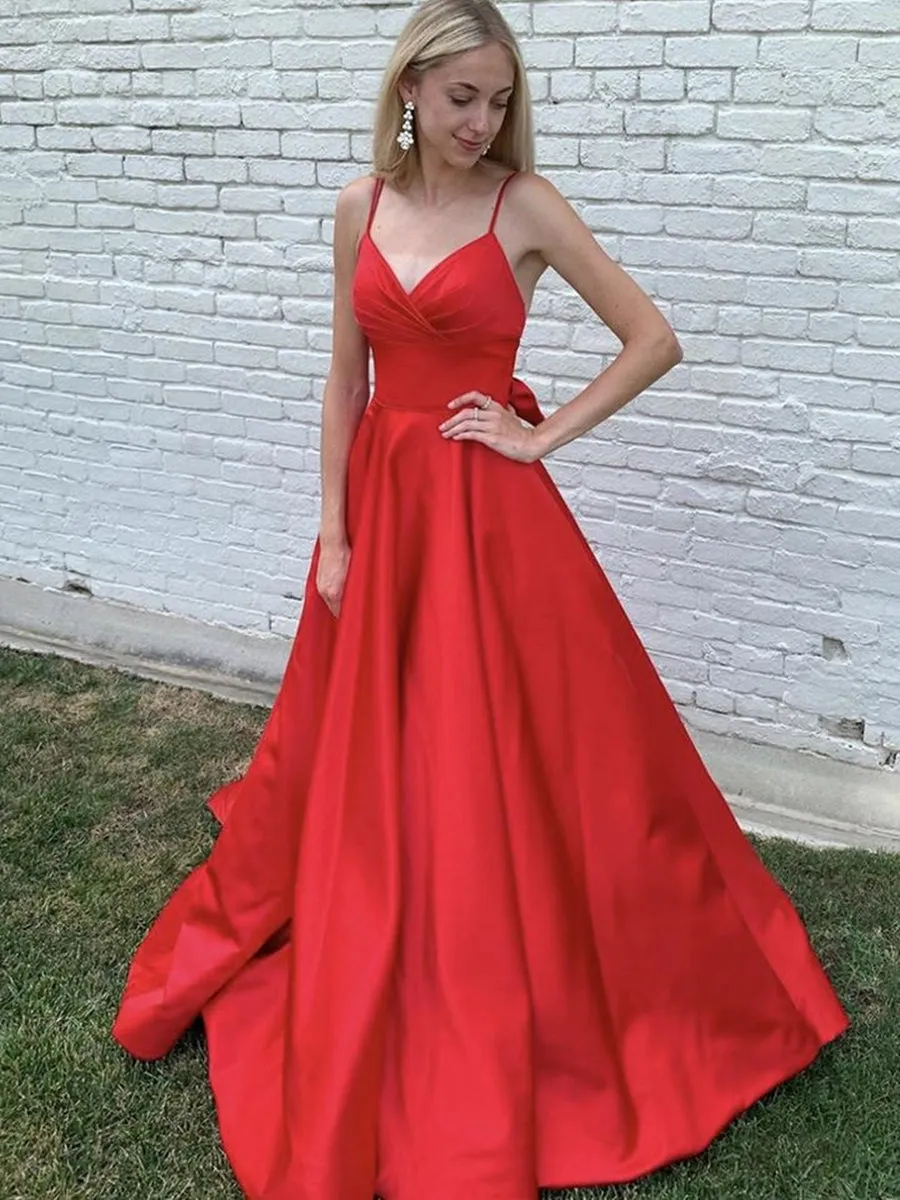 Elegant A Line V Neck Red Long Prom, V Neck Red Formal Graduation Evening, Red Party