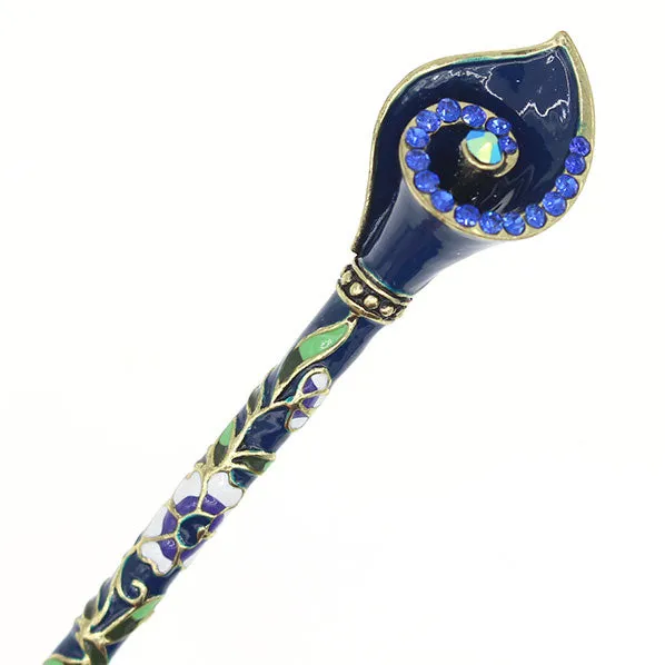 Enamel Calla Lily Hair Stick w/ Rhinestones