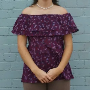 Fair Trade Cotton Off the Shoulder Top Maroon Flower Design