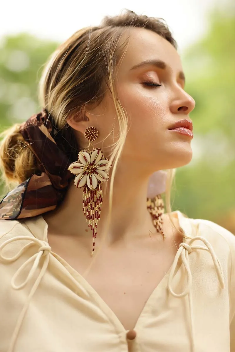 Floral Seashell Beaded Tassel Earrings