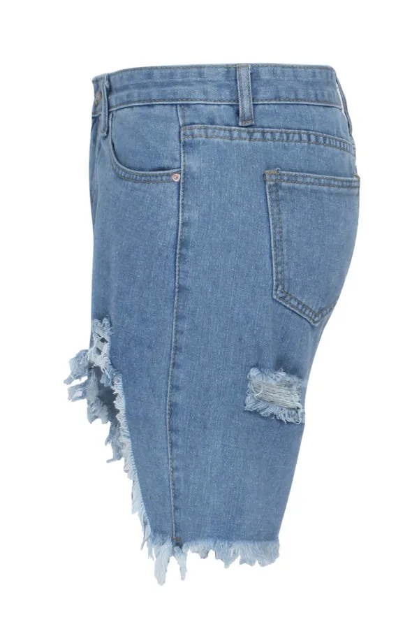 Fringe Trim Irregular Denim Shorts