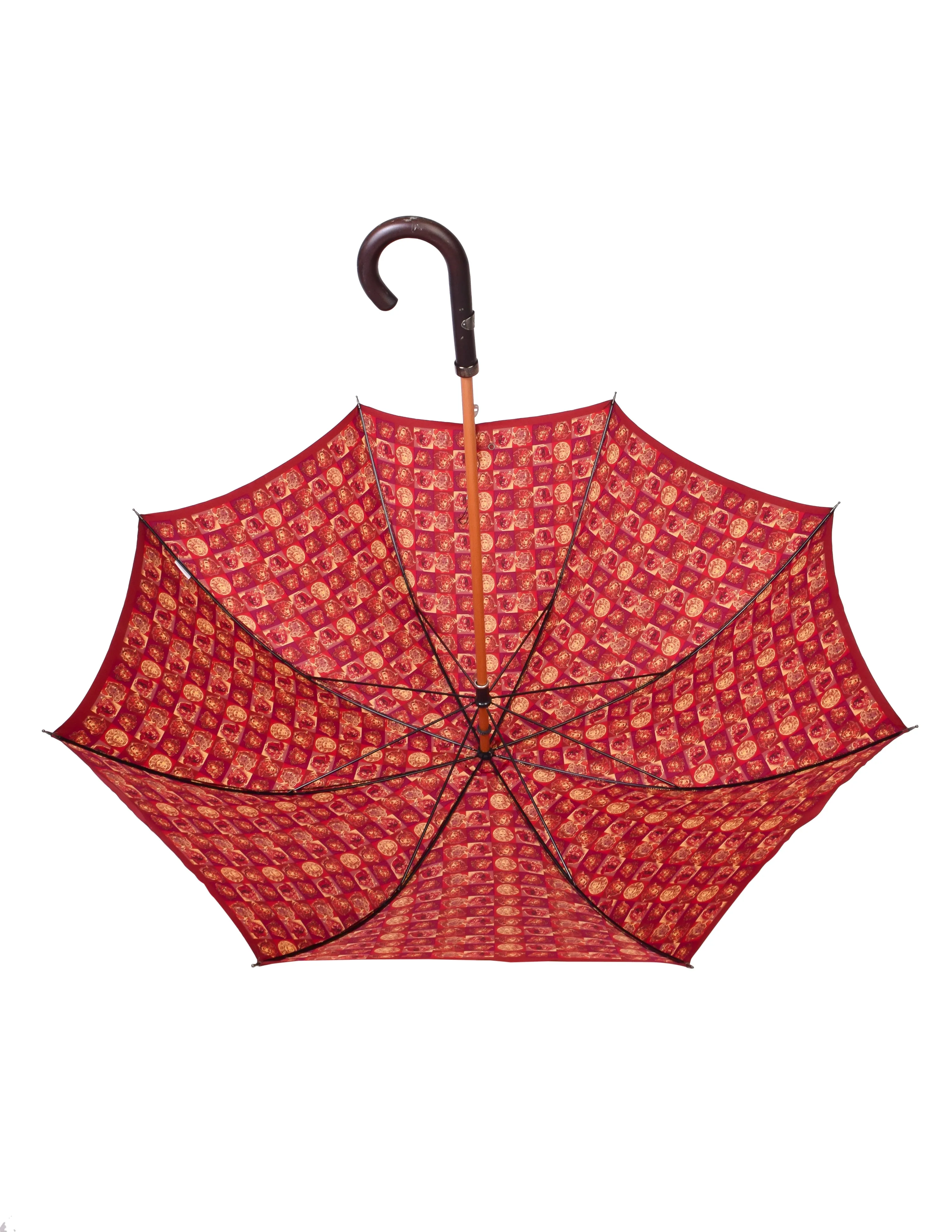 Gianni Versace Vintage Artsy Burgundy Red Gold Medusa Checkerboard Print Umbrella