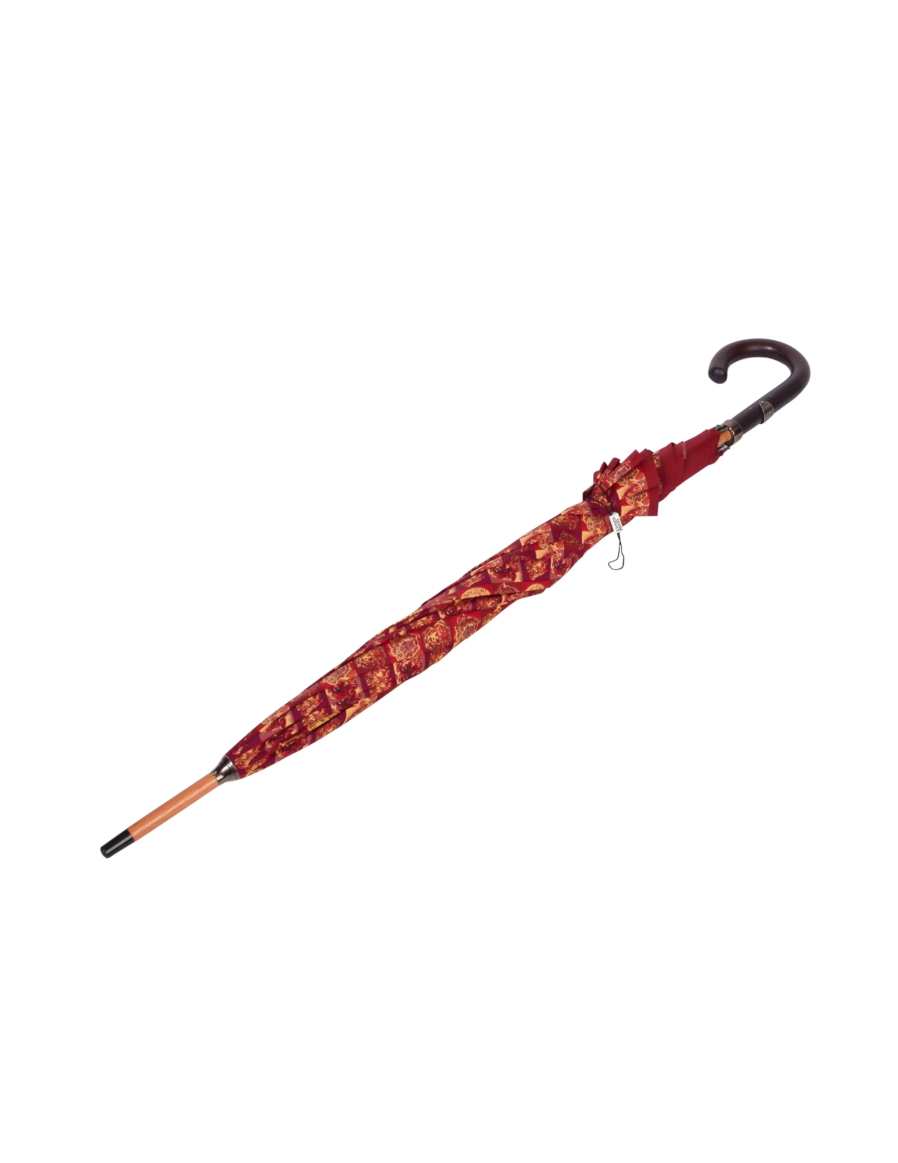 Gianni Versace Vintage Artsy Burgundy Red Gold Medusa Checkerboard Print Umbrella