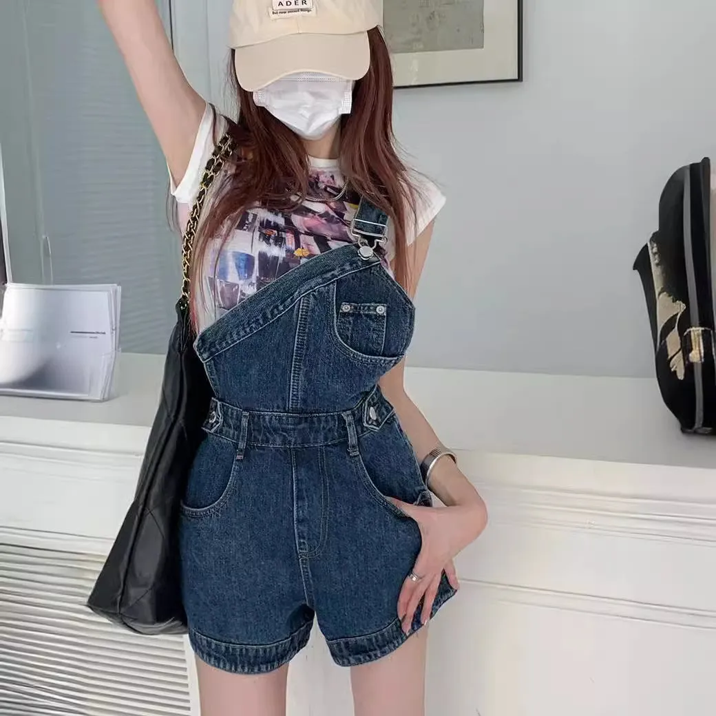 Girlary college outfits Retro Single Shoulder Strap Denim One-Piece Suspender Pants Women's Summer Hot Girl Irregular Design Sense Niche Wide Leg Pants