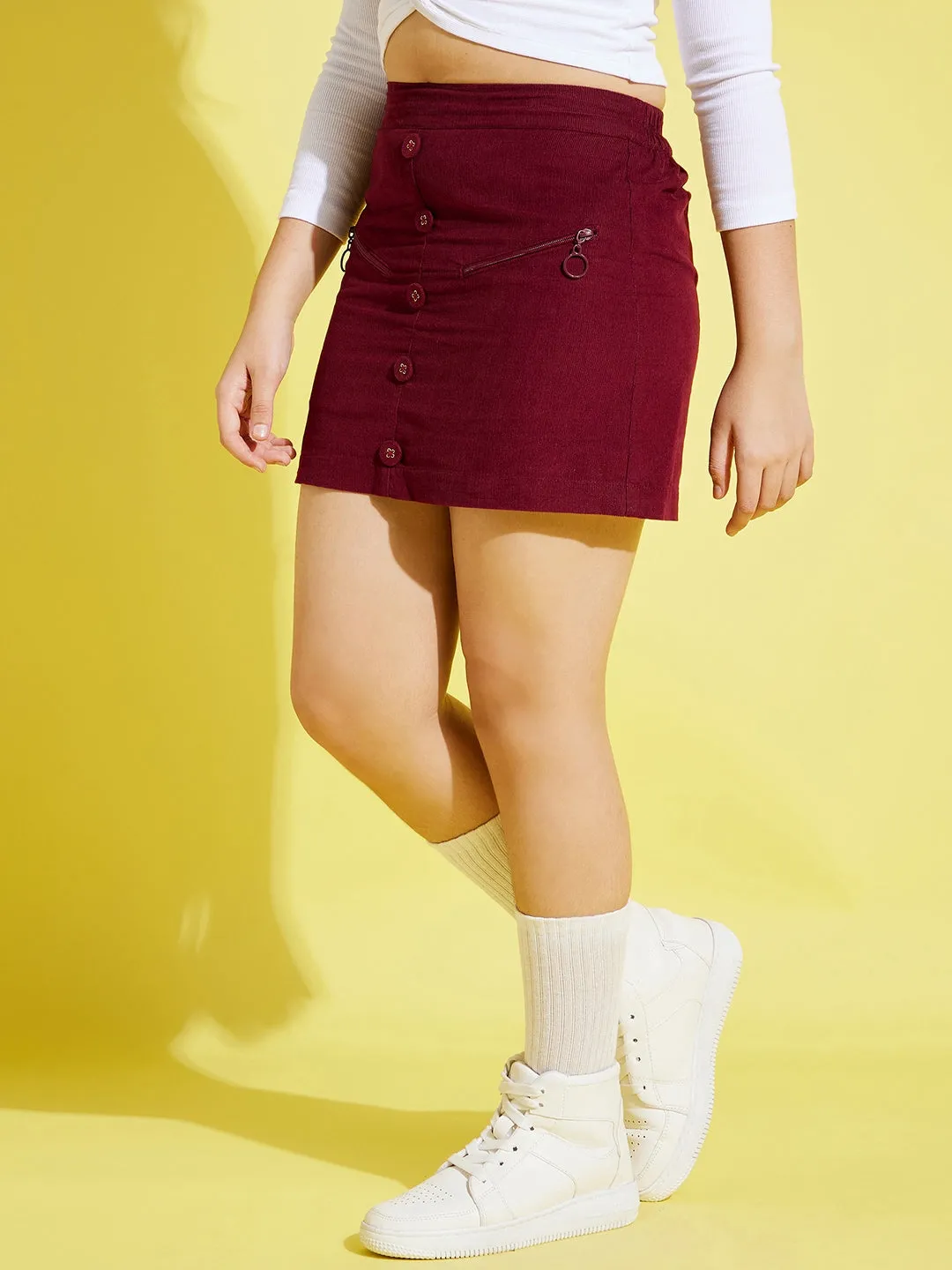 Girls Burgundy Corduroy Side Zipper Mini Skirt - Lyush Kids