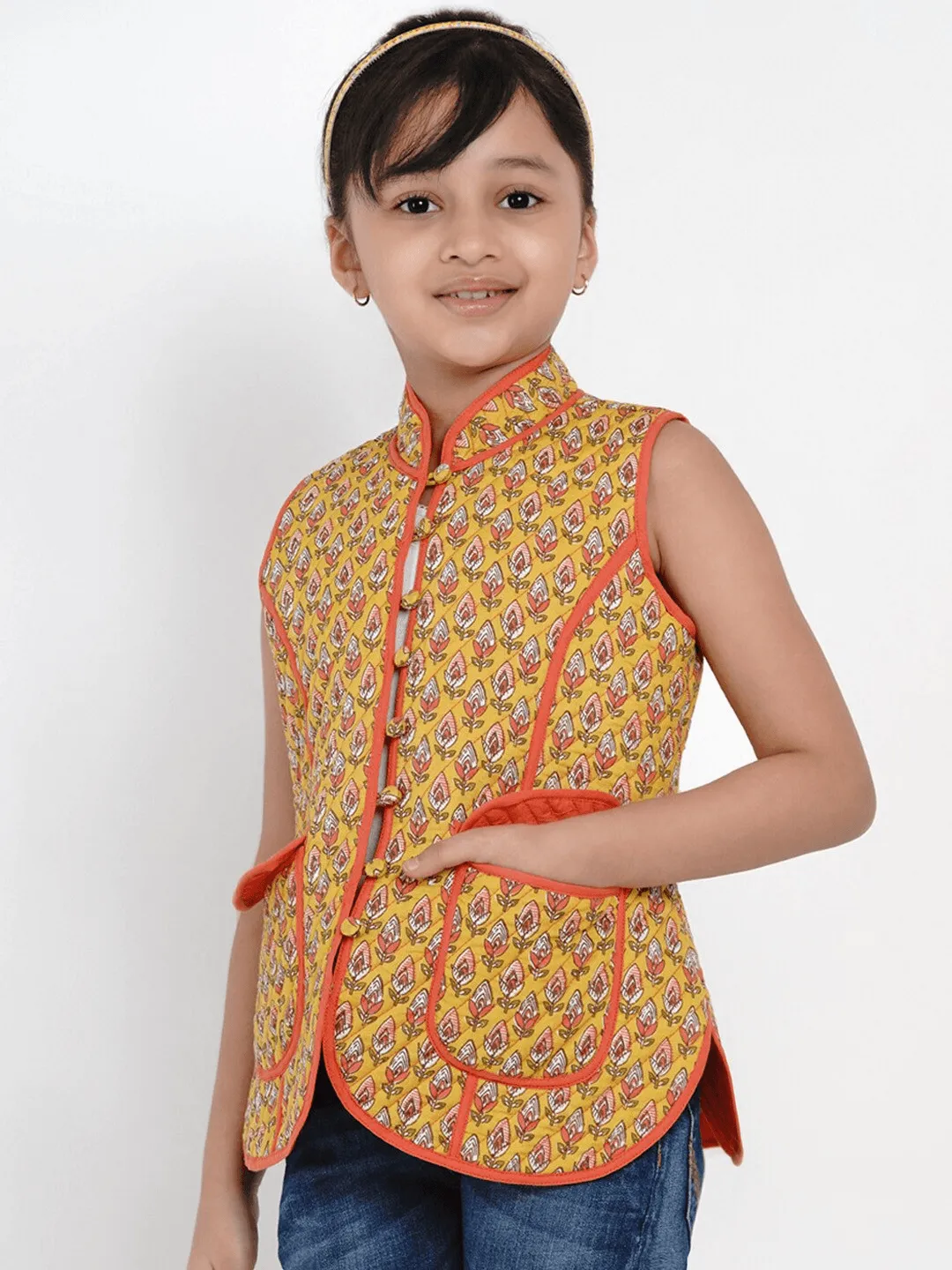 Girl's Mustard Yellow Printed Tailored Jacket Top  - NOZ2TOZ KIDS