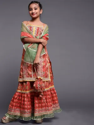 Girl's Red & Green Floral Printed Lace Work Kurta & Skirt With Organza Dupatta & Potali Bag - Aks Girls