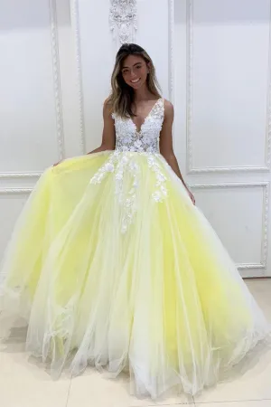 Gorgeous V Neck White Lace Appliques Yellow Long Prom Dress, Yellow Lace Floral Long Formal Evening Dress