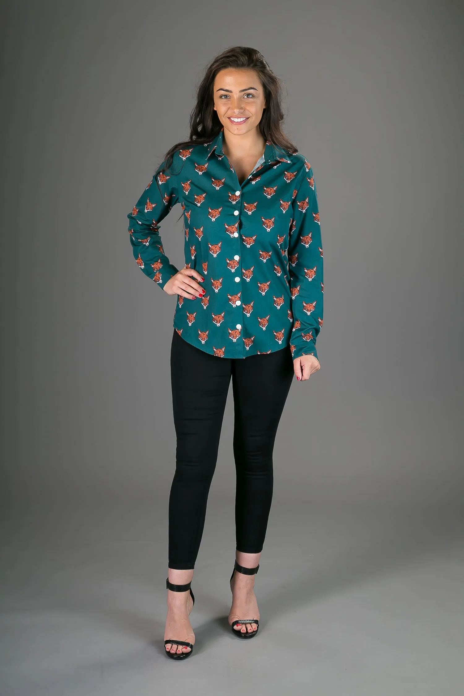 Green Fox Print Cotton Slim Fit Womens Shirt Long Sleeve