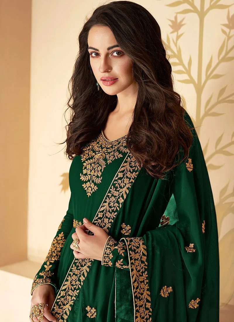 Green Slit Style Zari Embroidered Anarkali Pants Suit