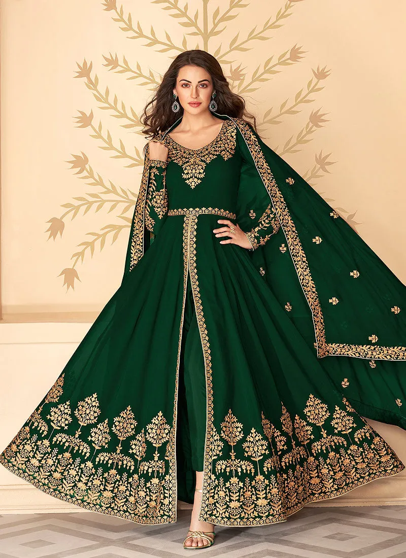 Green Slit Style Zari Embroidered Anarkali Pants Suit