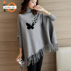 Grey Flying Butterfly Printed Poncho