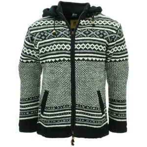 Hand Knitted Wool Hooded Jacket Cardigan - Fairisle Charcoal