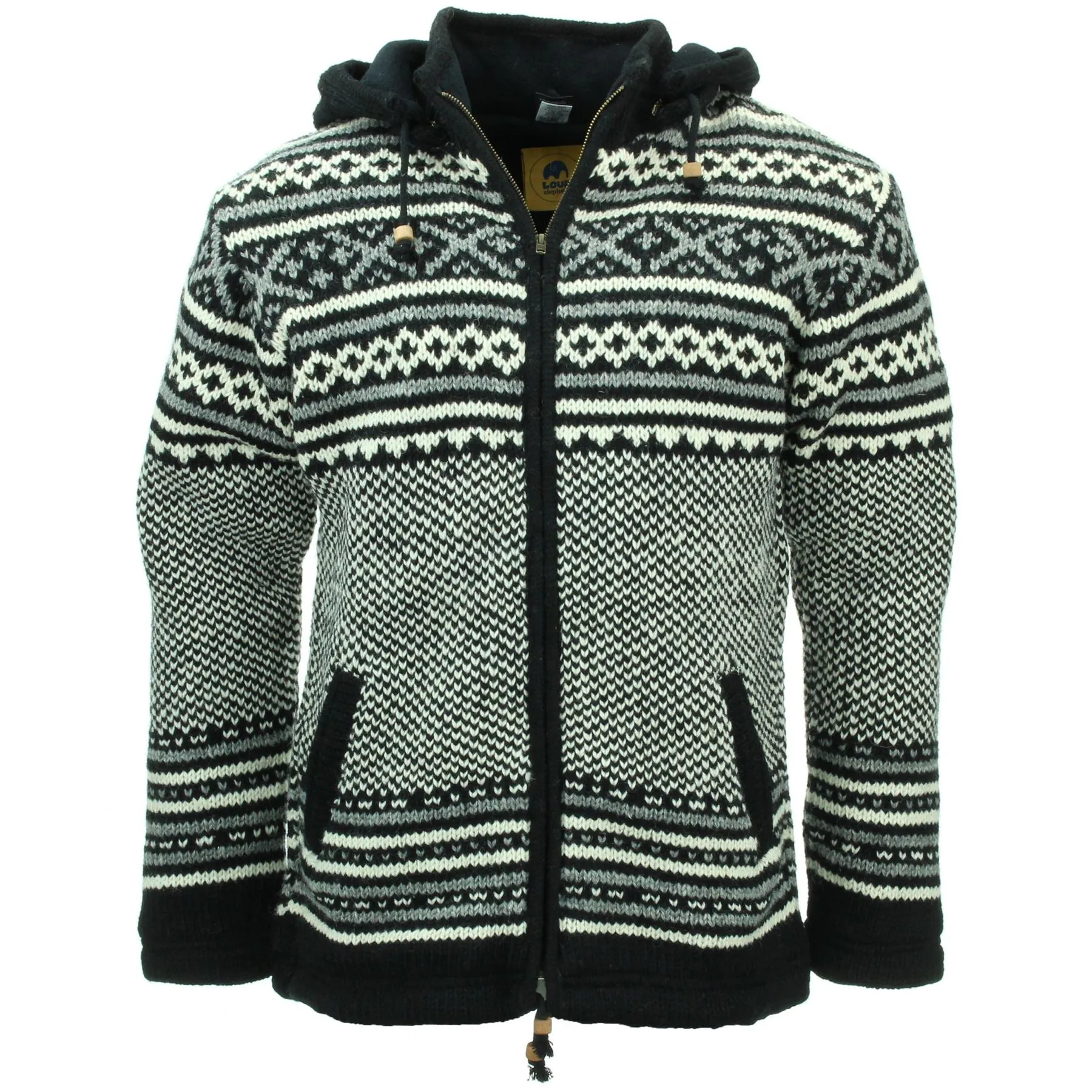 Hand Knitted Wool Hooded Jacket Cardigan - Fairisle Charcoal