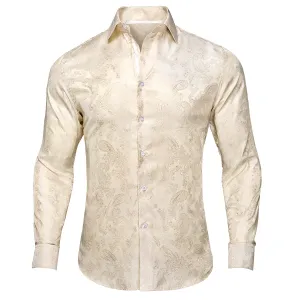 Hi-Tie Cream White Wedding Shirt Beige Paisley Silk Men's Dress Shirt