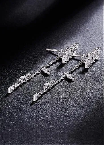 High quality Micro Pave AAA Zirconia Leaves with Tassel Sterling Silver Stud Earrings