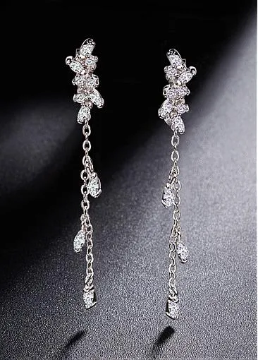 High quality Micro Pave AAA Zirconia Leaves with Tassel Sterling Silver Stud Earrings