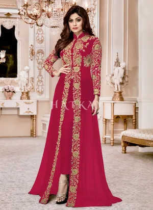 Hot Pink Ethnic Embroidered Designer Slit Style Anarkali Pant Suit