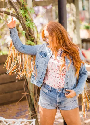 Jacket, Faded Western Cut Denim with Multi Colored Fringe - Style HC599