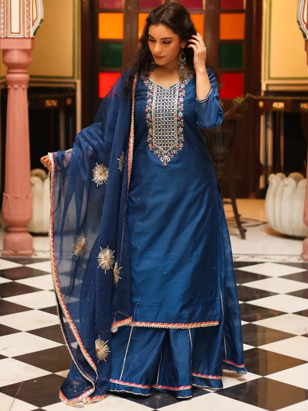 Jashvi Blue Solid Chenderi Kurta Skirt Set with Dupatta